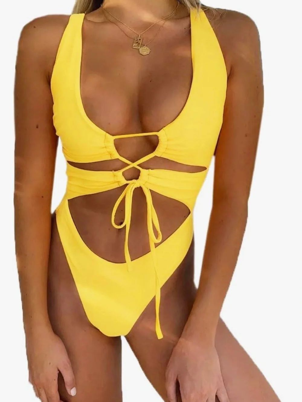 Yellow Cutout One-Piece Swimsuit - Women's Lace-Up Monokini